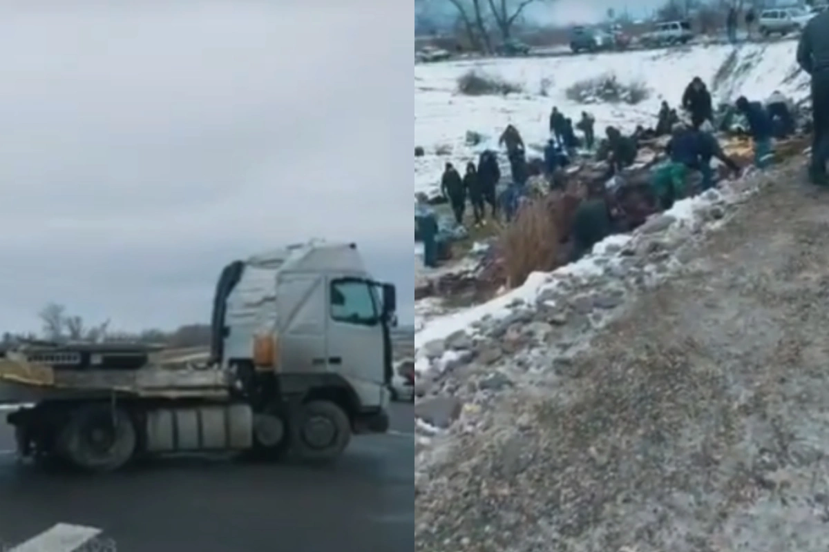 Bakı-Quba yolunda qəza: TIR idarəetmədən çıxaraq aşıb - VİDEO